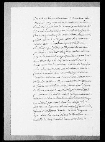 Marchandises, bois et approvisionnements des arsenaux de Marseille et de Toulon : arrêts du Conseil d'Etat, 1718-1759.
Mémoires et autres pièces concernant les indemnités demandées par le Prince Honoré III, 1760-1769.
Tableau contenant état de comparaison de la pancarte des péages au bureau de Valence avec le tarif de 1719 pour le bois entré dans l'arsenal de Toulon de 1765 à 1787.
Analyse des droits de péage dus à la Maison de Rhoan pour les bois. Mémoires et pièces diverses.
Etats relevés et récapitulations des droits de péage dus par le roi au Prince au sujet des marchandises passées en franchise pour les arsenaux, 1718-1757.