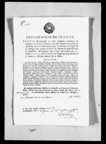 Péages par terre : Déclarations de transit pour les marchandises du commerce du Levant, et qui vont de Marseille en pays étrangers, 1751-1760.