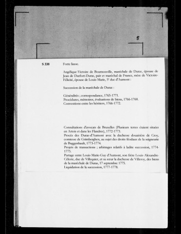 Angélique-Victoire de Bournonville, maréchale de Duras, épouse de Jean de Durfort-Duras, pair et maréchal de France, mère de Victoire-Félicité, épouse de Louis-Marie, 5e duc d'Aumont 
